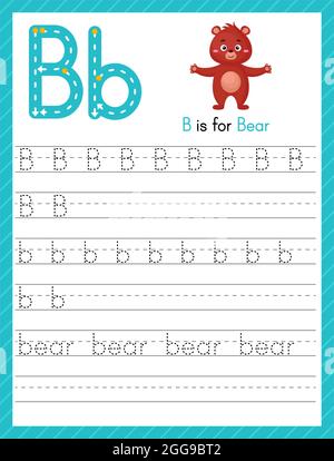 Trace-Buchstabe B in Groß- und Kleinbuchstaben. Alphabet Tracing Praxis Vorschule Arbeitsblatt für Kinder Englisch lernen mit niedlichen Cartoon Tier. Aktivität pag Stock Vektor