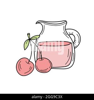 Saft mit Kirsche in einem Glaskrug, Vektor-Cartoon-Karte mit frischen Beeren isoliert auf weiß. Kirschlemonade in Glaskrug Stock Vektor