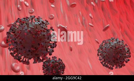 Coronavirus 2019-NCoV Neues Coronavirus im menschlichen Körper. Corona-Virus oder andere gefährliche Zellen, die im Blutgefäß schwimmen. 3D-Rendering von Mikroviren. Stockfoto