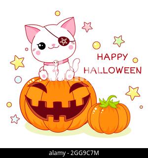 Frohe Halloween. Grußkarte Halloween mit Kawaii Katze mit Augenpatche auf einem Kürbis sitzend. Vektorgrafik EPS8 Stock Vektor