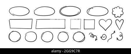 Set aus handgezeichneten Kreisen, Ovalen, Herzen und Pfeilen. Markieren Sie Kreisrahmen. Ellipsen und lockige Pfeile im Doodle-Stil. Vektordarstellung isoliert Stock Vektor