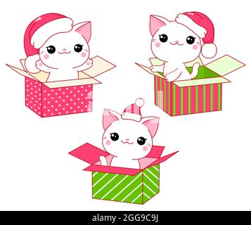 Set Kawaii kleine Katze in Geschenkbox. Merry Christmas Kollektion. Niedliche Katzen in den Hüten des Weihnachtsmannes. Vektorgrafik EPS8 Stock Vektor