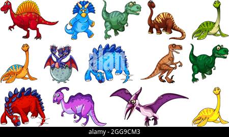 Verschiedene Dinosaurier Cartoon-Charakter und Fantasy-Drachen isoliert Illustration Stock Vektor