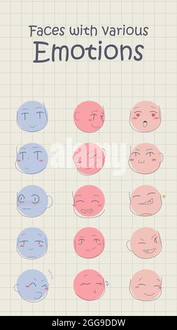 Gesichter mit verschiedenen Emotionen. Doodle verschiedene positive Emotionen. Handgezeichnete Aquarellskizze, nette lustige Emotionen. Stock Vektor