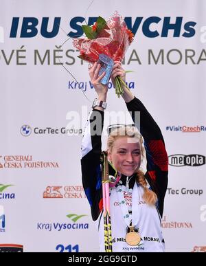 Marketa Davidova (Tscheche) gewann am 29. August 2021 die IBU Summer Biathlon World Championships, Women's Pursuit Race, in Nove Mesto na Morave, Tschechische Republik. (CTK Photo/Lubos Pavlicek) Stockfoto