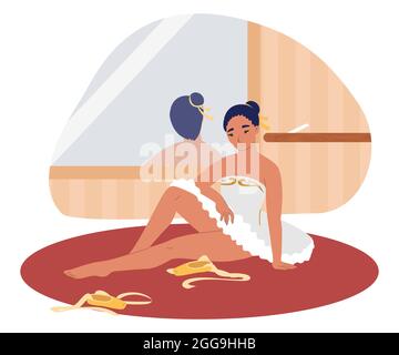 Kreativitätskrise, Burnout. Müde Balletttänzerin, traurige Ballerina auf dem Boden sitzend, flache Vektorgrafik. Stock Vektor