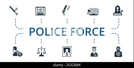 Symbol für Polizei eingestellt. Enthält editierbare Symbole Thema wie Gerechtigkeit, gesucht, Schiedsrichter und mehr. Stock Vektor
