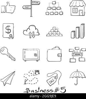 Satz von verschiedenen Business-Icons Hand in Doodle-Stil isoliert gezeichnet. Stock Vektor