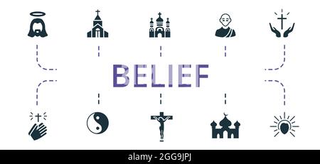Symbolsatz „Glaube“. Enthält editierbare Symbole Thema wie Kreuzigung, Moschee, Mönch und mehr. Stock Vektor