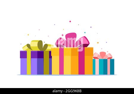 Großer Stapel von bunt verpackten Geschenkschachteln. Flache Vektorgrafik Konzept Urlaub Illustration isoliert auf weißem Hintergrund Stock Vektor