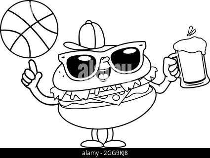 Hamburger Cartoon mit einem Basketball und einem Bier. Vektor schwarz-weiß Malseite. Stock Vektor