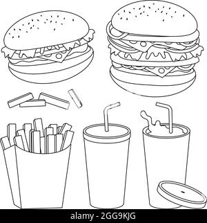 Burger, Pommes Frites und Getränke. Vektor schwarz-weiß Malseite. Stock Vektor