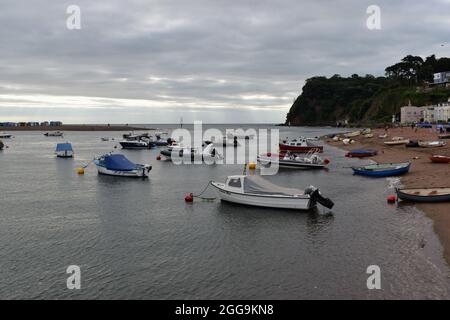 Der Strand von Shaldon ist übersät mit Booten, die am Ufer festgemacht sind. Shaldon liegt gegenüber von Teignmouth an der Mündung der Teign Mündung. Stockfoto