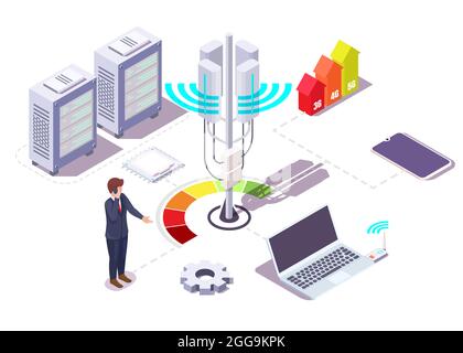 Flussdiagramm zur 5G-Netztechnologie. Kommunikationsturm, Server, Laptop, Smartphone, Vektor-isometrische Darstellung Stock Vektor