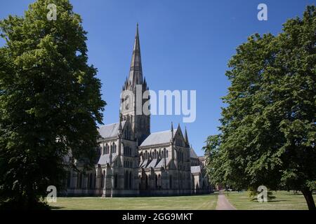 Blick auf die Salisbury Cathedral in Wiltshire in Großbritannien Stockfoto