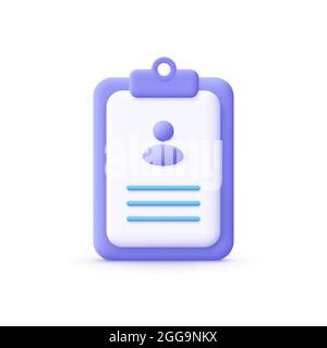 3D-Cartoon-Stil minimal CV Resume-Symbol. Jobsuche, Personalwesen, Unternehmen, Vorstellungsgespräch, hr, Rekrutierungskonzept. Stock Vektor