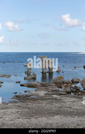 Seastacks im Naturschutzgebiet Gamla Hamn auf der Insel Fårö, Gotland, Schweden Stockfoto