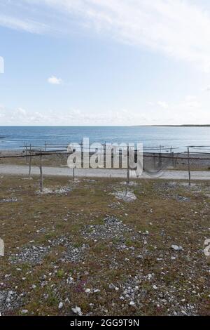 Fischernetze trocknen auf einem Stand im alten Fischerdorf Helgumannen, Fårö, Schweden Stockfoto