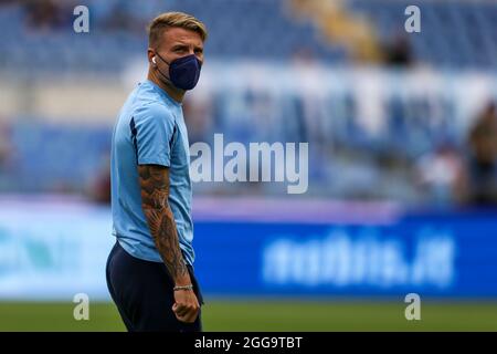 Ciro Immobile sieht während der Serie A Fußballspiel zwischen SS Lazio und Spezia im Olimpico Stadium, Roma, Italien, am 28. August 2021 Stockfoto