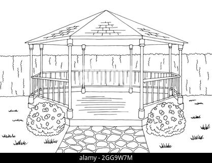 Pavillon Garten moderne Grafik schwarz weiß Architekt Landschaft Skizze Illustration Vektor Stock Vektor