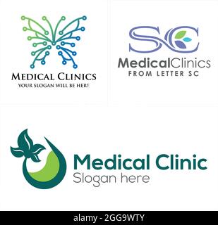 Medizinische Klinik mit Schmetterling und Buchstabe SC Blatt Symbol Vektor-Logo Stock Vektor