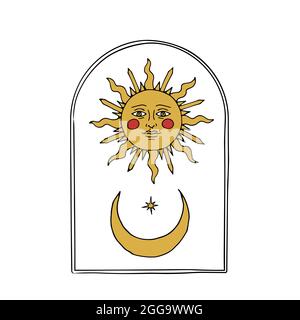 Vintage mystische Sonne und Halbmond Illustration mit dekorativem Bogen Stock Vektor