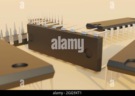 Integrierte Schaltungen Chips oder IC auf flacher Oberfläche. 3D-Rendering-Illustration. Stockfoto