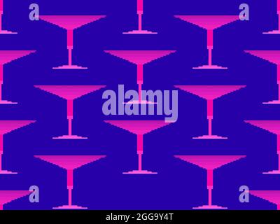 Nahtloses Cocktailglas-Muster. Martini Glas Pixel Art. 8-Bit-Grafik im Stil von Videospielen aus den 90er Jahren. Design für Druck, Verpackung und Werbung Stock Vektor