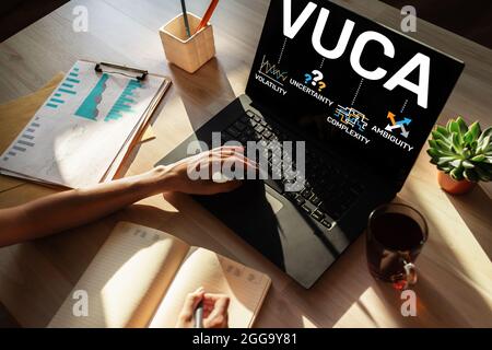 VUCA World Concept auf dem Bildschirm. Ungewissheit Ungewissheit Komplexität Unklarheit Stockfoto