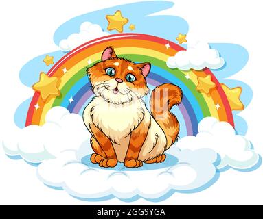Mollige Katze auf der Wolke mit Regenbogenabbildung Stock Vektor
