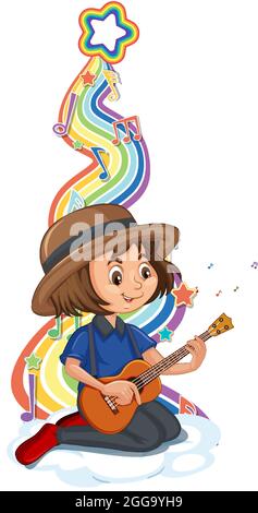 Mädchen spielt Gitarre mit Melodiesymbolen auf Regenbogenwellen-Illustration Stock Vektor