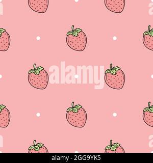 Nahtloses Muster aus handgezeichneten Erdbeeren. Minimalistisches Nahtmuster. Handgezeichnete Erdbeeren auf rosa Hintergrund Stock Vektor
