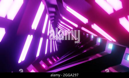 3d-Illustration des abstrakten geometrischen Hintergrunds, fluoreszierendes UV-Licht, leuchtender Neon-Tunnel, moderne bunte Beleuchtung, 3d-Rendering Stockfoto