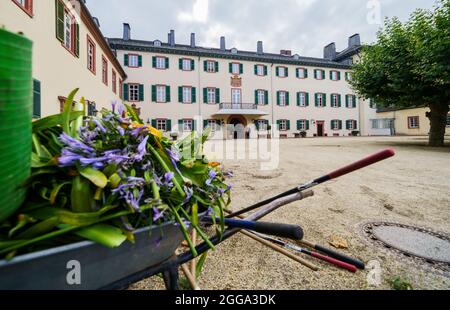 30. August 2021, Hessen, Bad Homburg vor der Höhe: Eine Schubkarre mit grünen Stecklingen steht vor dem königlichen Flügel (M) des Schlosses. Im Schloss Bad Homburg befinden sich die einzigen verbliebenen kaiserlichen Wohnungen in Deutschland. Nach zehn Jahren Restaurierung soll der sogenannte königliche Flügel Anfang September wieder für die Öffentlichkeit zugänglich gemacht werden. Foto: Andreas Arnold/dpa Stockfoto