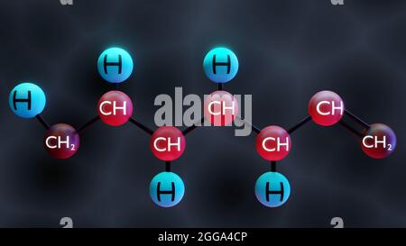 3d-Rendering von Glukose (Dextrose, D-Glukose)-Molekülen. Lineare Form. Strukturelle chemische Formel und Molekül-Modell.3D-Illustration Stockfoto