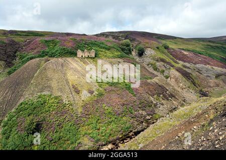 Natur langsam die industrielle Landschaft rund um die Bunton Mine in Gunnerside Gill, Swaledale, Yorkshire Dales, Großbritannien Stockfoto