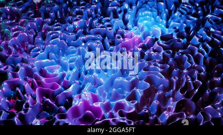 Elegante, gewellte, glatte 3D-Wand in abstrakten Farben. Konzept Multicolor Liquid Pattern. Violett Blau Gewelltes Makro Zur Reflexionsfläche. Trendy Bunte Flüssigkeit Abstra Stockfoto
