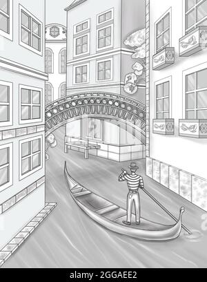Mann, der auf EINEM Kanu steht und durch Kanalgewässer mit hohen Gebäuden reist, farblose Linienzeichnung. Italienischer Gentleman Beim Navigieren Durch Das Wasseraquädukt Stockfoto