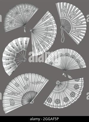 Verschiedene Designs Der Antiken Faltbaren Handventilator Farblose Linienzeichnung. Mehrere Vintage Open Fold Fans Malbuch Seite. Stockfoto