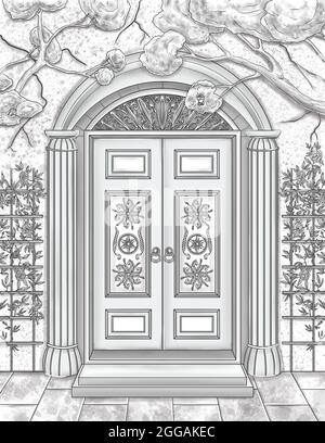 Vintage Hölzerne Tür Eingang Linie Zeichnung Mit Blättern Wachsen An Der Wand. Alter Torweg-Eintrag Mit Schnitzereien Malbuch-Seite. Stockfoto
