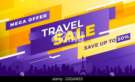 Reiseangebot. Farbenfrohe Reisevorlage, die Sie in Ihrem Design als Flyer, Print oder Banner verwenden können. Sparen Sie bis zu 50 %. Horizontale Zusammensetzung. Stock Vektor