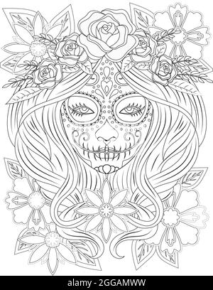 Tätowierte Lady Face Line Zeichnung Mit Langen Haaren Trägt Schöne Blumenkopfkleid. Die Leiterin DER Zeichnung einer Frau hat langatmige Haarrosen auf sich Stock Vektor