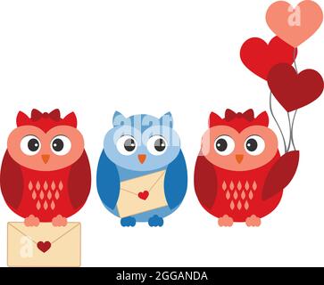 Niedliche Eulen in der Liebe halten herzförmige Luftballons und Liebesbrief. Vector Sweet Eulen Stock Vektor