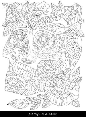 Sceleton Kopf Tattoo Zeichnung Eingeschlossen Schöne Blumen Blick Auf Das Licht. Totenkopf-Linienzeichnung, Umgeben Von Hübschen Rosen Und Angenehmen Blättern Stock Vektor