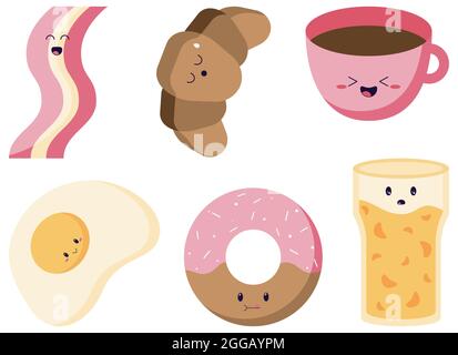 Köstliche Speisen zum Frühstück im Kawaii- und handgezeichneten Stil. Zeichentrickfiguren mit Eiern, Kaffee, Saft, Donut, Croissant und Speck. Stock Vektor