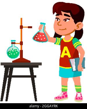 Mädchen Kind Studie Über Chemie Schule Lektion Vektor Stock Vektor