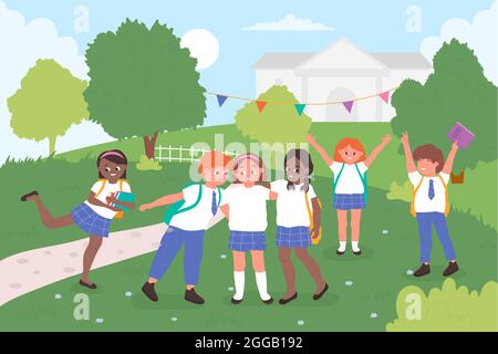 Die Kinder spielen im Stadtpark oder auf dem Schulhof, die Kinder gehen zur Schule, um Vektorgrafik zu studieren. Cartoon-Gruppe von Mädchen Junge Schüler Kind Figuren mit Schultaschen spielen in der Nähe von Schulgebäude Hintergrund Stock Vektor