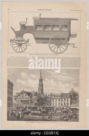 Fifth Avenue Omnibus: Entwurf für den neuen Fifth Ave Omnibus &amp; The Old Broadway Stages in 1831, 1885. Aus Harper's Weekly, 5. Dezember 1885. Stockfoto