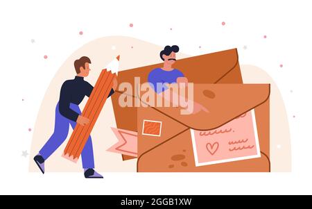 Menschen mit Briefpost in Papierumschlag, retro Postzustellung Postfachmailbox Vektor Illustration. Cartoon Mann Charakter mit großen Bleistift in der Hand zu schreiben und senden Brief isoliert auf weiß Stock Vektor