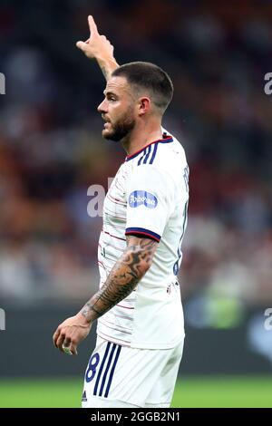 Mailand, Italien. 29. August 2021. Nahitan Nandez von Cagliari Calcio Gesten während der Serie EIN Spiel zwischen AC Mailand und Cagliari Calcio im Stadio Giuseppe Meazza . Stockfoto